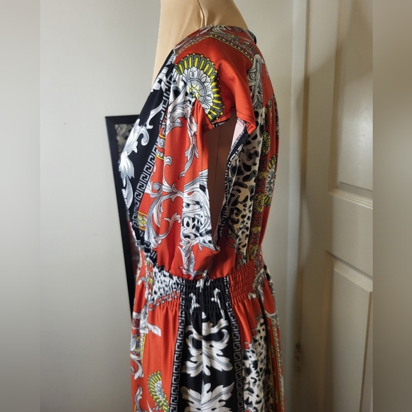 Dots - Redish Orange Black Yellow and White Designer Patterned Dress, S… - Picture 5 of 10